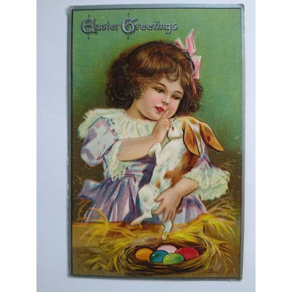 Antique Easter Greeting Postcard Bunny Girl Pastel Eggs Winsch Back Rome NY 1908 - Picture 6 of 6
